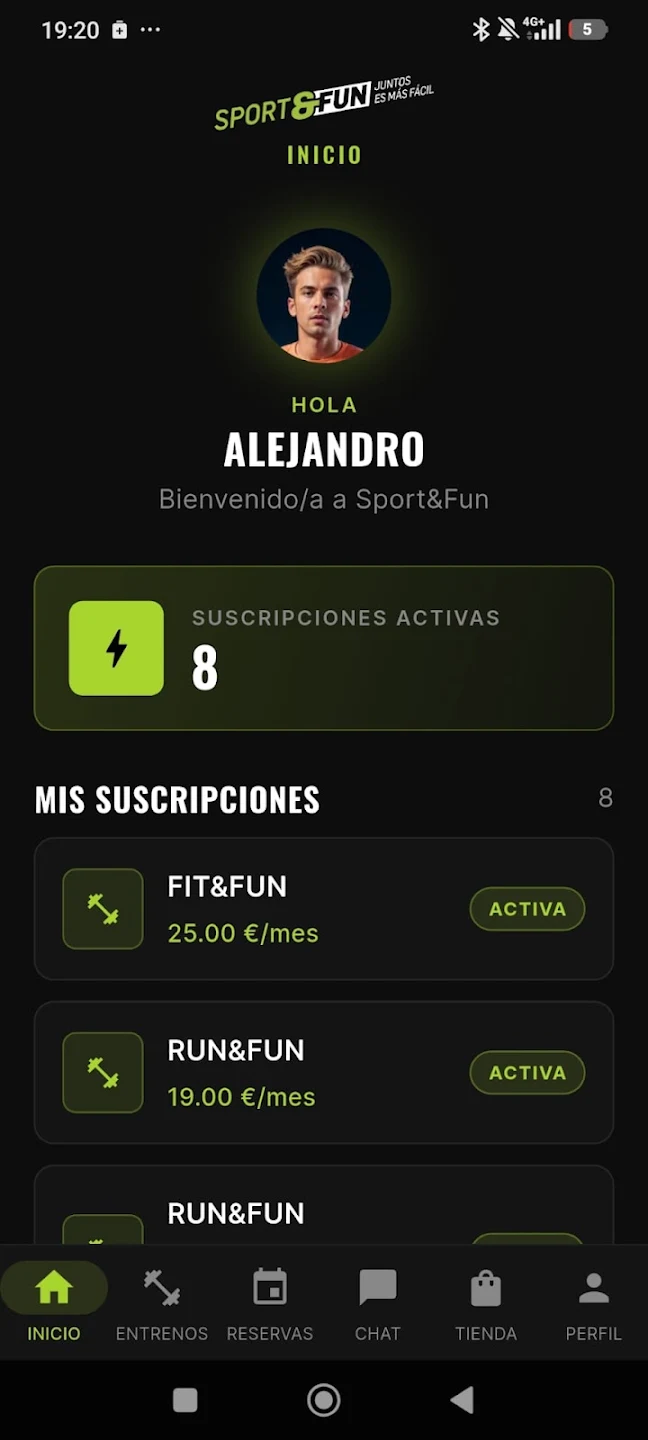 App de Sport&Fun: suscripciones activas, chat y tienda