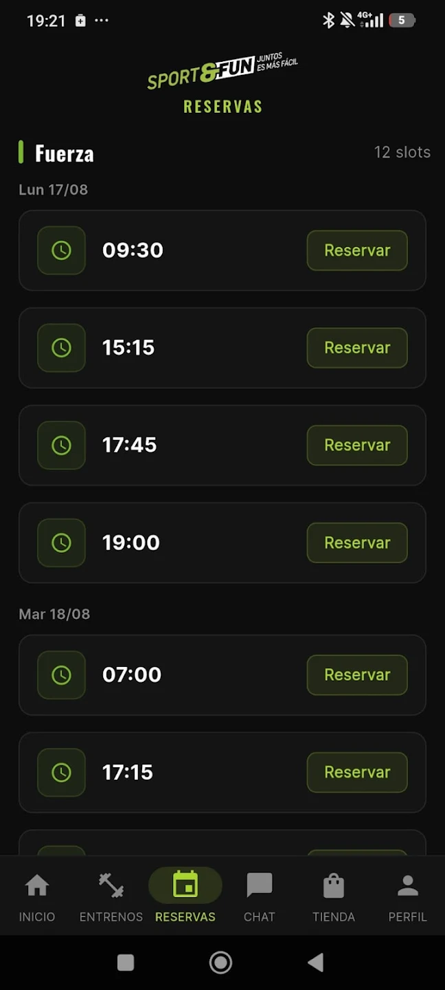 App de Sport&Fun: planes de entrenamiento y reservas de clases